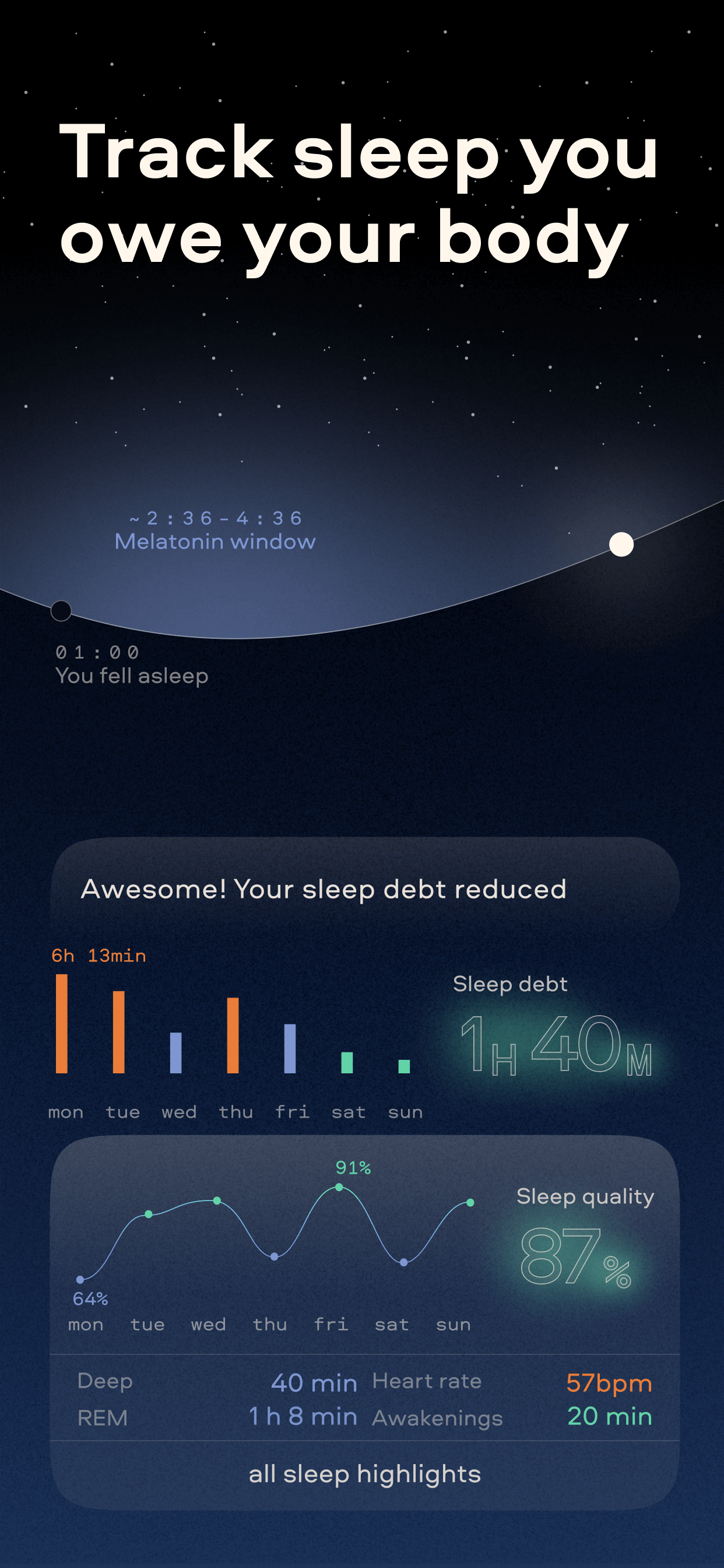 Remy sleep debt tracking with quality trends and nightly breakdown