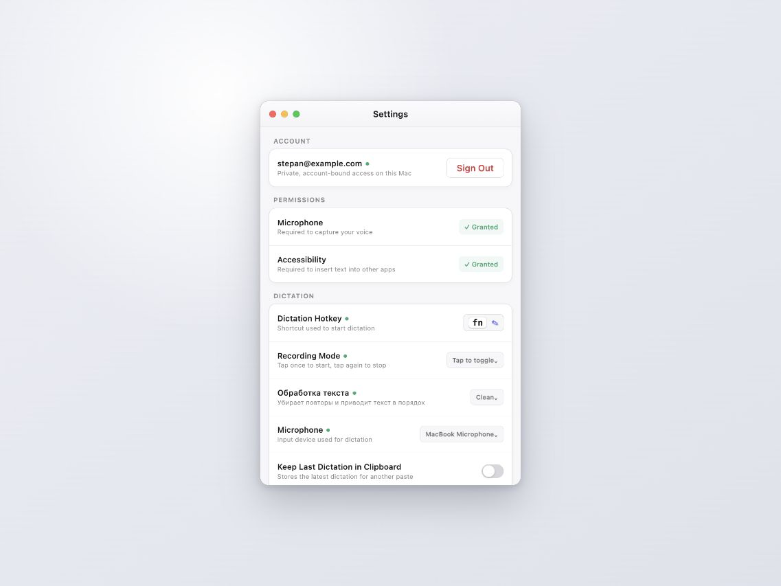 Scribe macOS settings for account, permissions, and dictation